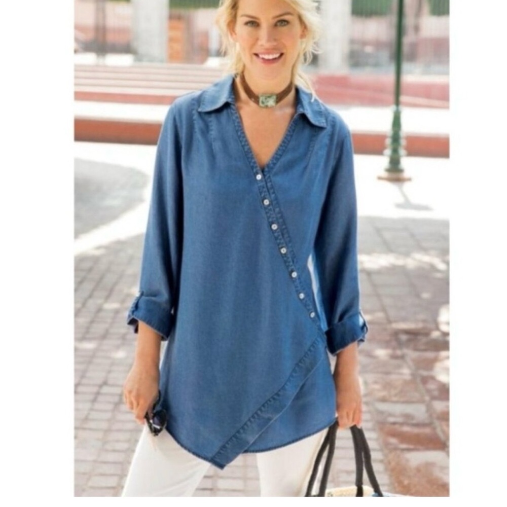 Soft Surroundings Washed Tencel blue chambray with an asymmetrical hem tunic